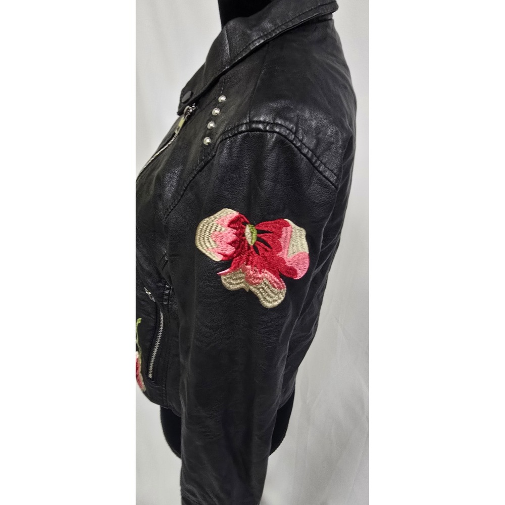 Ci Sono women L black faux leather moto jacket floral embroidery grunge gothic - Picture 10 of 15